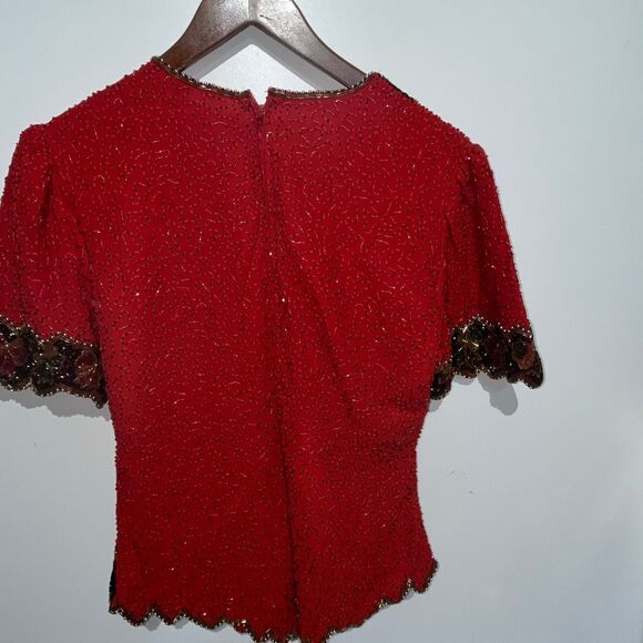Laurence Kazar Women's Red Bow Holiday Rhinestones Beaded Blouse Size Small - Picture 7 of 7